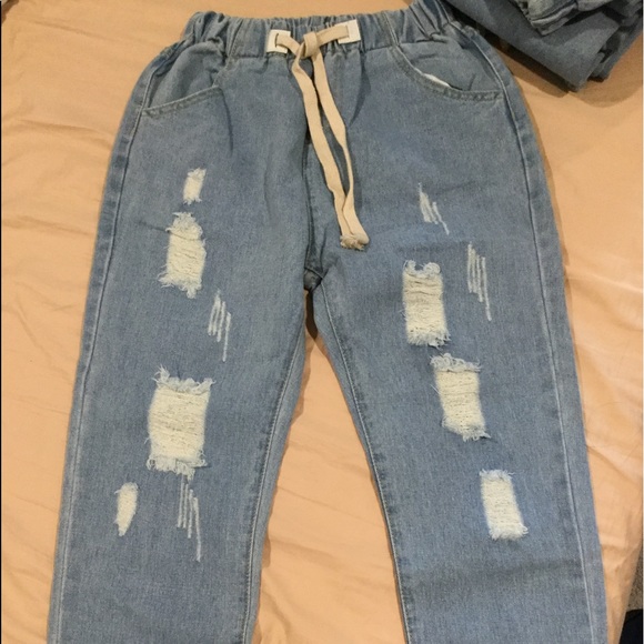distressed drawstring waist cropped jeans